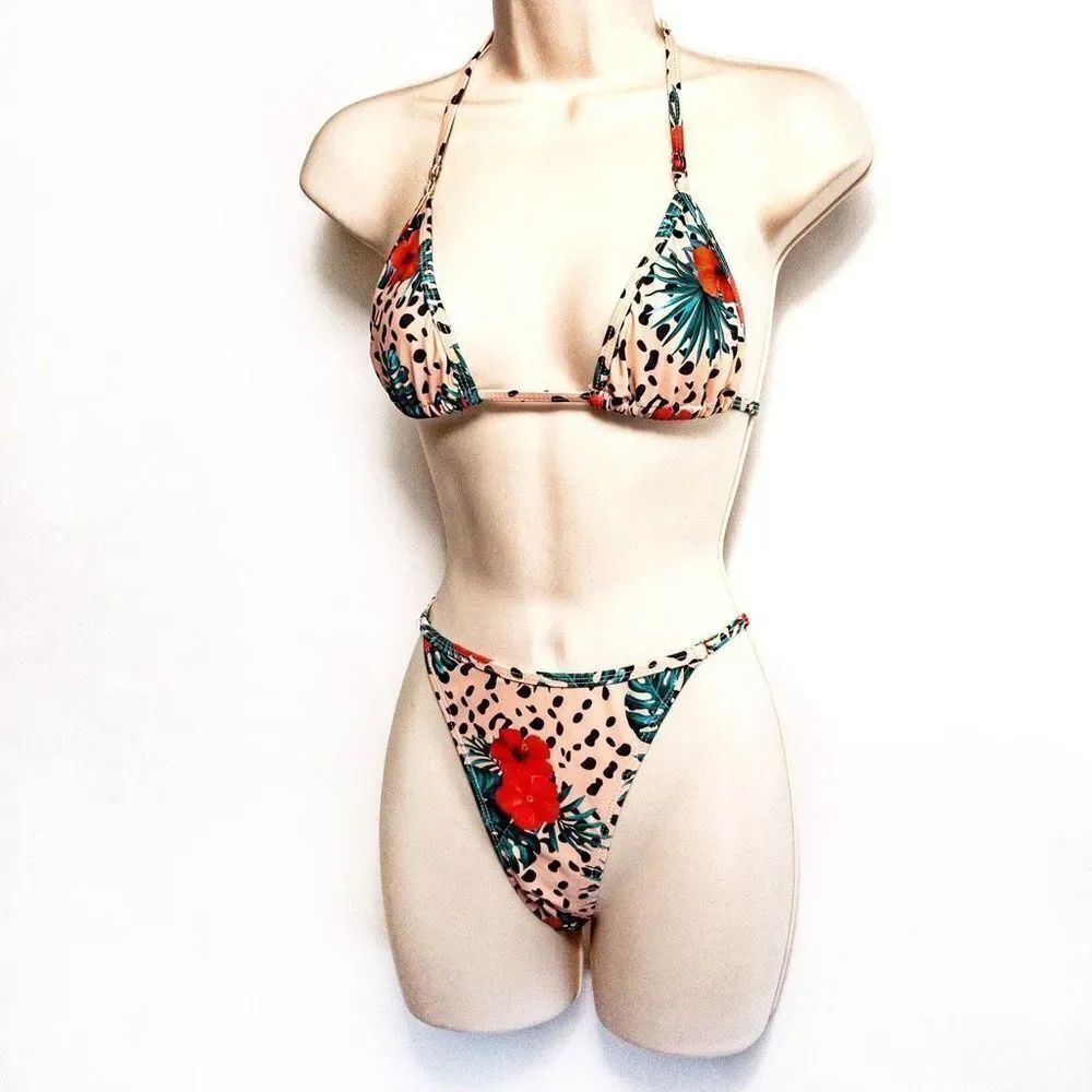 NWOT Shein Tropical Leopard Halter Bikini & Thong Bottom Sz M